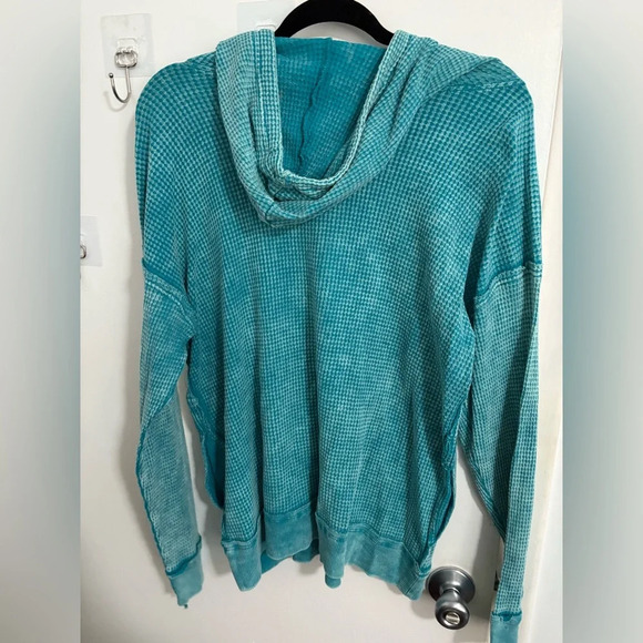 Zenana Washed Baby Waffle Button Neckline Hooded Top - Picture 2 of 4